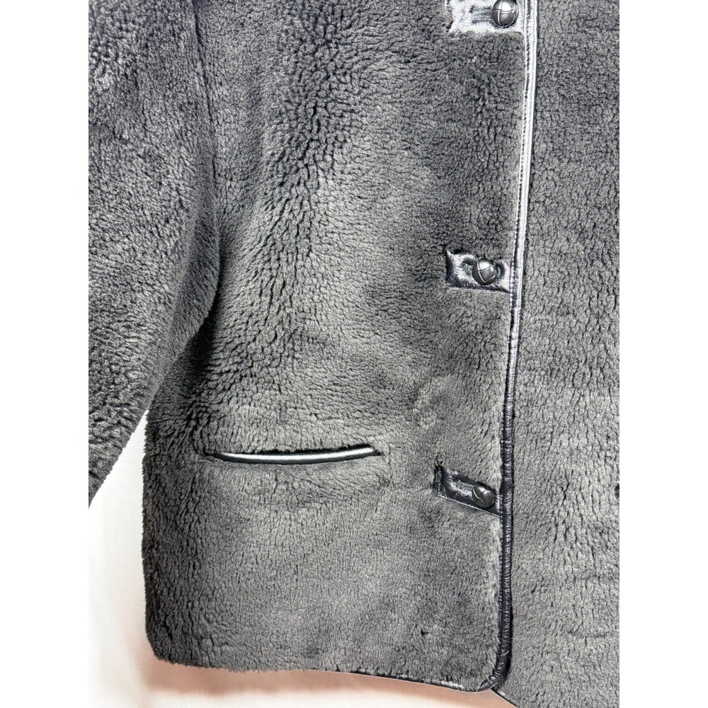 GAP Recycled Sherpa Vegan Leather Trim Jacket Womens L Black Cozy Coat - Picture 7 of 15